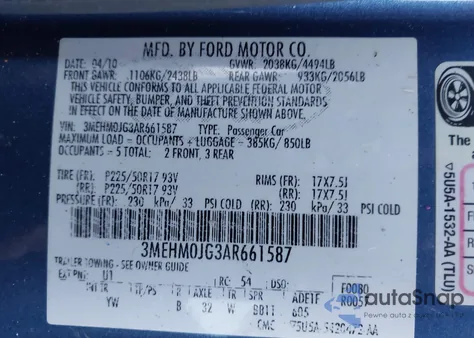 2010 Mercury Milan Premier from USA, damaged, VIN 3MEHM0JG3AR661587